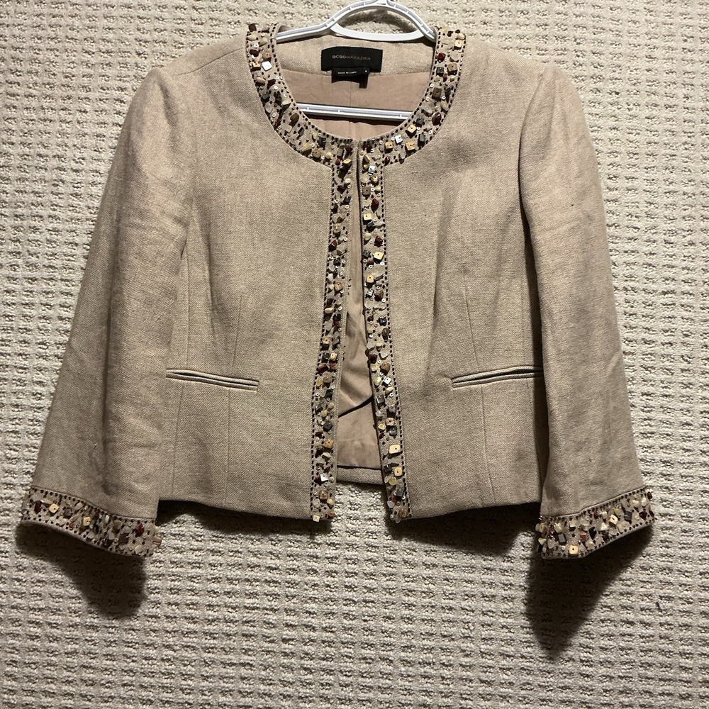 BCBGMAXAAZRIA linen Jacket S Gemma Natural Gem Cropped LUXE